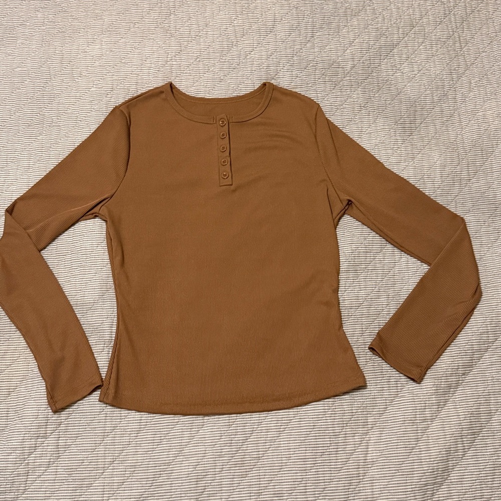 Elegant Ribbed Brown Long Sleeve Top